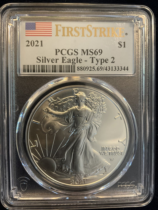 🔥 🔥 2021 $1 American Silver Eagle Type2 First Strike USA Flag PCGS MS69 .999🔥