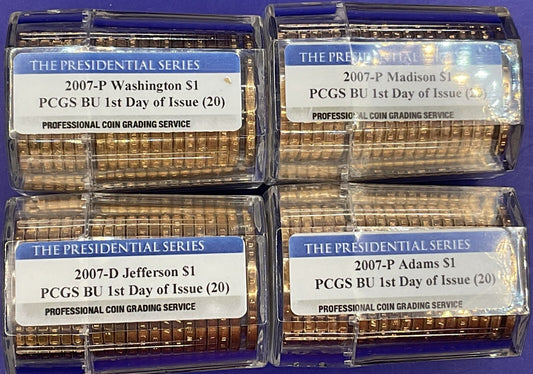 💰LOT OF 4 - 2007 FDOI PCGS Graded BU $1 ROLLS Washington Jefferson Adam Madison