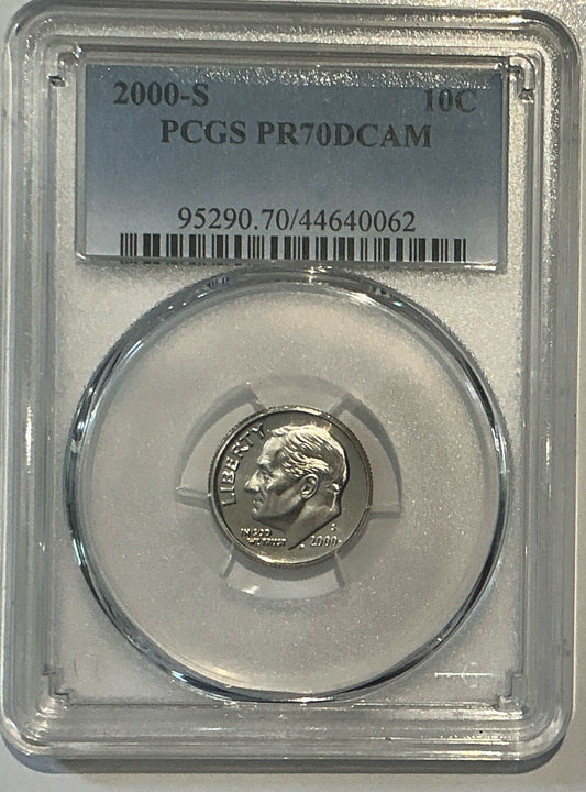 2000-S Roosevelt Dime - PCGS PR 70 DCAM - Blue Standard Label 10c Coin
