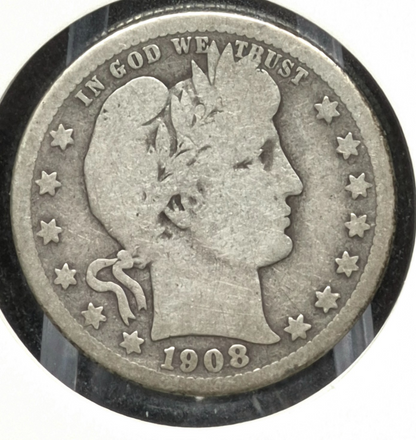 1908 D Barber Silver Quarter 🥈90% SILVER Coin Very Good Condition Partial Motto