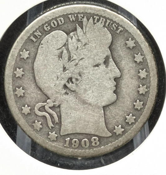1908 D Barber Silver Quarter 🥈90% SILVER Coin Very Good Condition Partial Motto