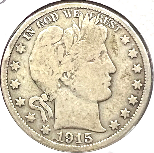 1915 D  Barber Half Dollar 90% Silver 50c Coin Great Details
