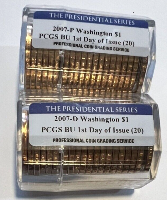 💰2007-D & P FDOI PCGS BU $1 ROLLS Washington Presidential Series First Day FDOI