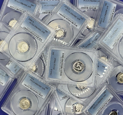{20} Roosevelt Dime Proof Coins PCGS PR69DCAM + PCGS Hard Case & 100 Coin Bags