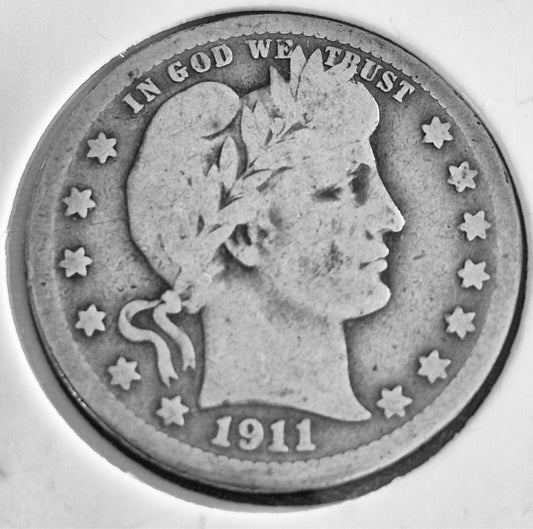1911 Barber Silver Quarter 90 % SILVER Coin Raw Circulated Nice Condition