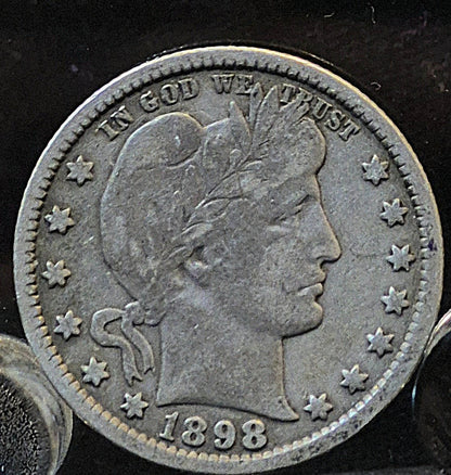 1898 Barber Silver Quarter 90% SILVER Vintage Coin VG-F Circulated Features 50C