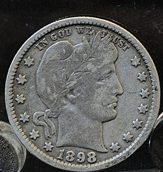 1898 Barber Silver Quarter 90% SILVER Vintage Coin VG-F Circulated Features 50C