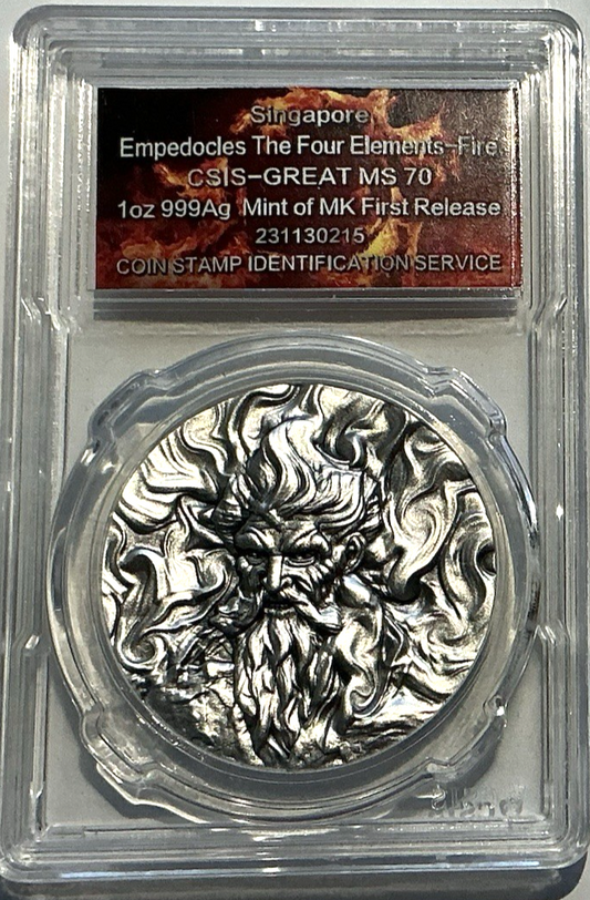 ✅  .999 Silver  2024 Singapore Empedocles Four Elements Fire 1 ozt Medal MS70