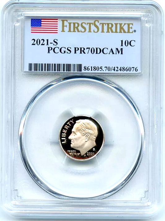 2021-S Roosevelt Dime - PCGS PR 70 DCAM - U.S. Flag First Strike Label 10c Coin