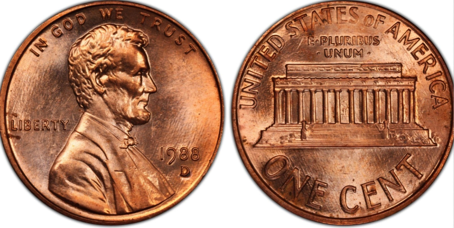 1988 D Lincoln Memorial BU Brilliant Uncirculated 1C From 🔥OBW Bank Roll🔥
