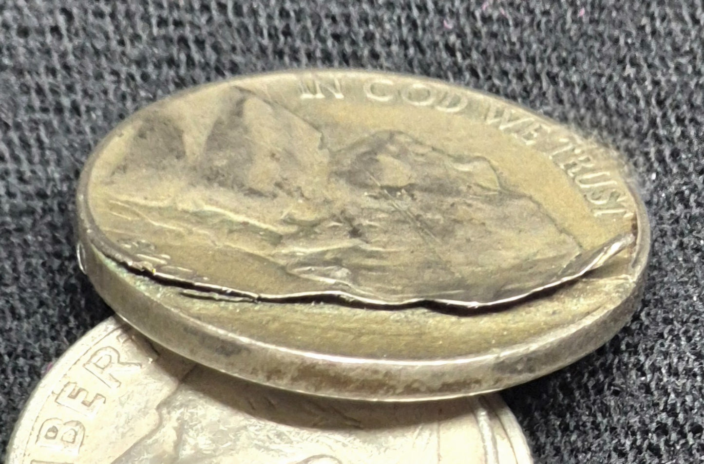 💰1943-P Jefferson War Nickel Error, Major Retained Delamination Obverse Fine 5C