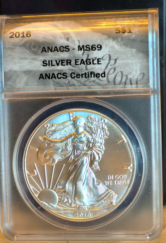 2016 American Silver Eagle One Dollar Coin Graded by ANACS as Near Perfect MS69