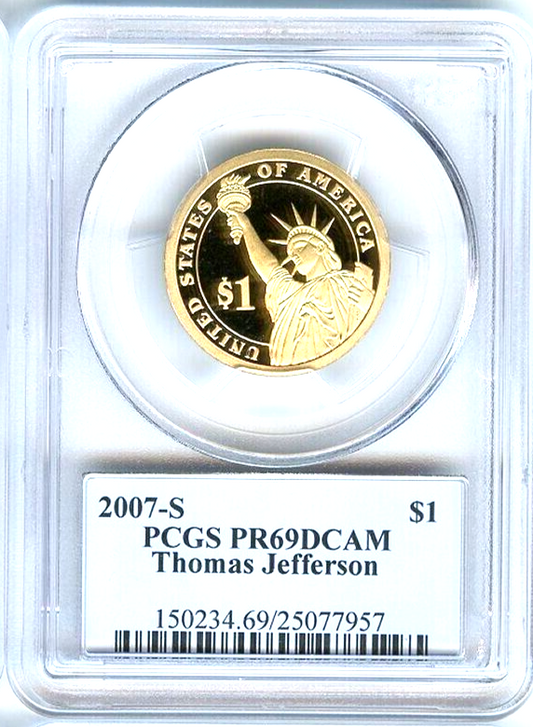 ✅ 2007 S Thomas Jefferson Presidential $1 PCGS PR69DCAM Photo & Info Label
