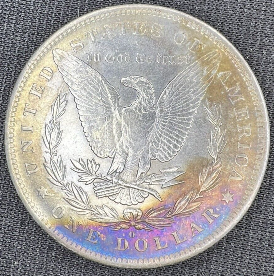 1883 O Morgan Dollar Silver MS $1 Gold & Blue Steel Tone Coin Obverse DIE CRACK