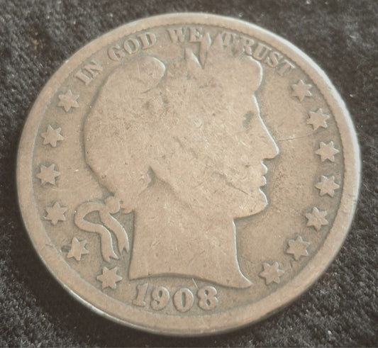 1908 Barber Half Dollar 90% Silver 50C Circulated Nice Condition Hole On Reverse