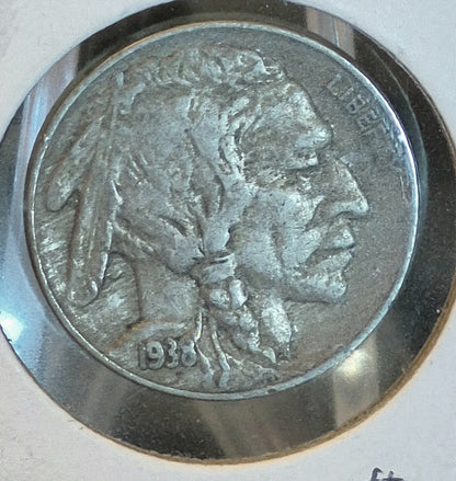 1938-D Buffalo Nickel Denver Mint 5C XF+ Bold Date & Mint Mark W/ Full Horn Cape