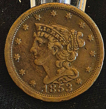 1853 BRAIDED HAIR HALF CENT, EF ATTRACTIVE COIN WITH NICE DETAILS & SURFACES