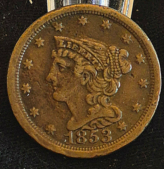 1853 BRAIDED HAIR HALF CENT, EF ATTRACTIVE COIN WITH NICE DETAILS & SURFACES