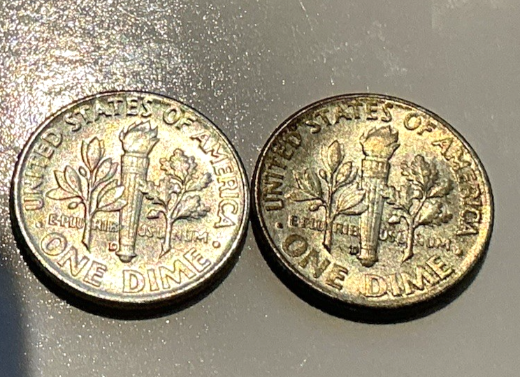 {2 Coins} 1957-D SUPER TONED Roosevelt Dime 90% Silver End Roll Coins from OBW