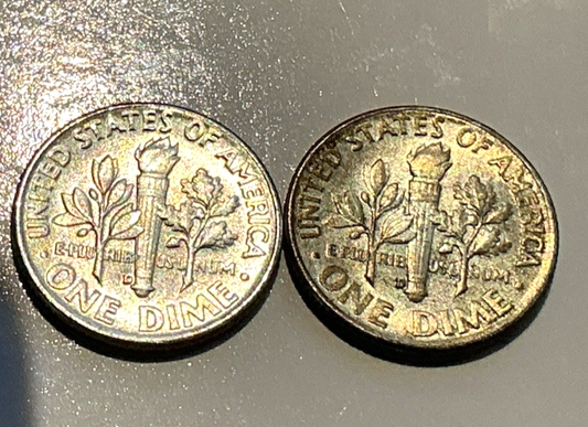 {2 Coins} 1957-D SUPER TONED Roosevelt Dime 90% Silver End Roll Coins from OBW