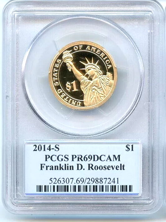 ✅ 2014 S $1 Franklin Roosevelt PCGS PR69 DCAM Presidential Dollar Coin Photo