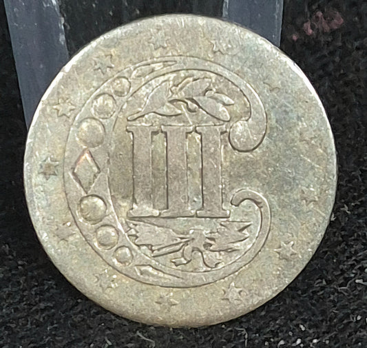 1858 3 Cent Silver Trime ~ Fine, Type II Double Border on Stars .750 SILVER Coin