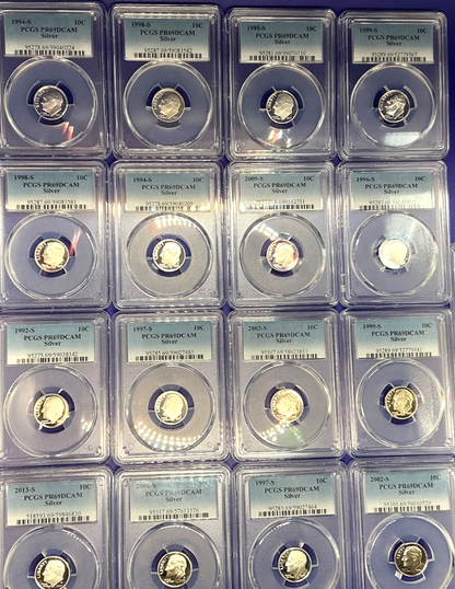 { 5 } 90% SILVER Dime Proof Coins PCGS ONLY PR69DCAM + PCGS Storage Box & BAGS