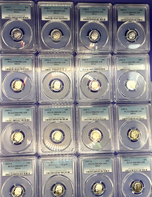{ 5 } 90% SILVER Dime Proof Coins PCGS ONLY PR69DCAM + PCGS Storage Box & BAGS