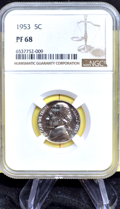 😲 1953 5c PF68 Proof Jefferson Nickel NGC PR68 Ridiculously Nice, Rotated Die