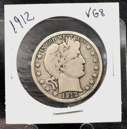 1912 Barber Half Dollar 90% Silver 50C Full Motto, Full Rims, Partial Liberty