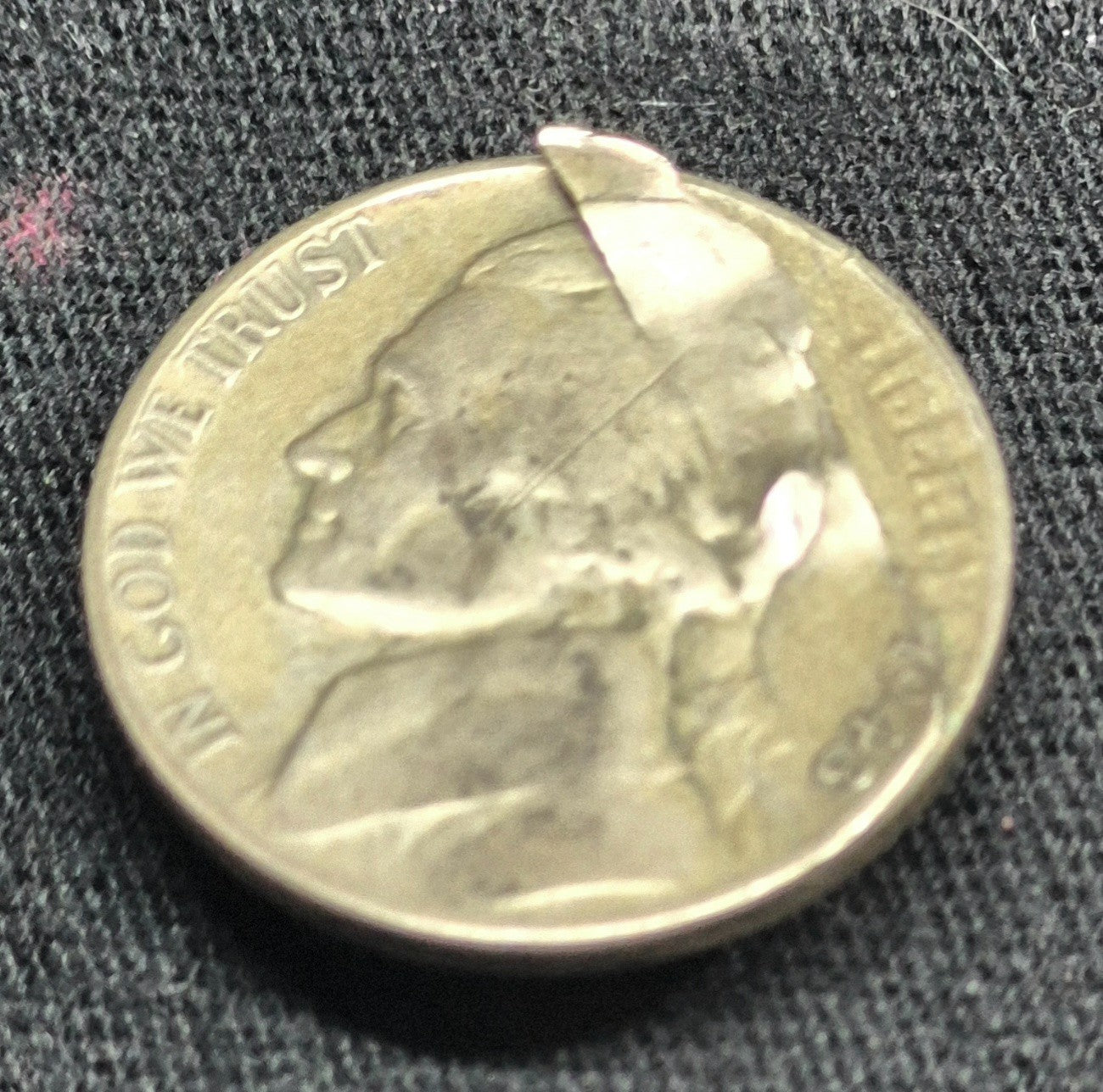 💰1943-P Jefferson War Nickel Error, Major Retained Delamination Obverse Fine 5C