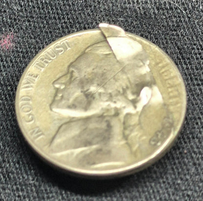 💰1943-P Jefferson War Nickel Error, Major Retained Delamination Obverse Fine 5C