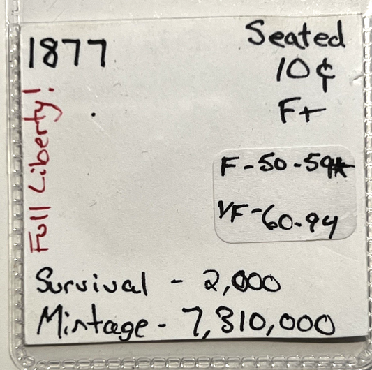 ✅  1877 Liberty Seated Dime 90% Silver F+ 2000 Survival Estimated