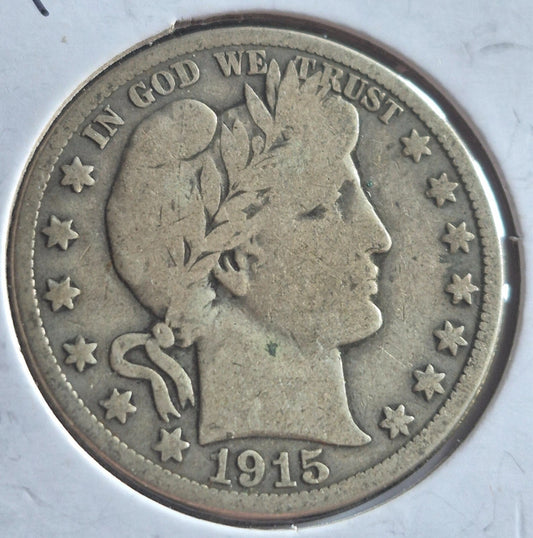 1915 S Barber Half Dollar 90% Silver 50C Circulated Condition Last Year Produced