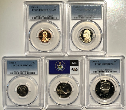 ⭒ 2003-S Proof Set Date 5 Coin Newly Graded PCGS PR69 DCAM Perfect Gift