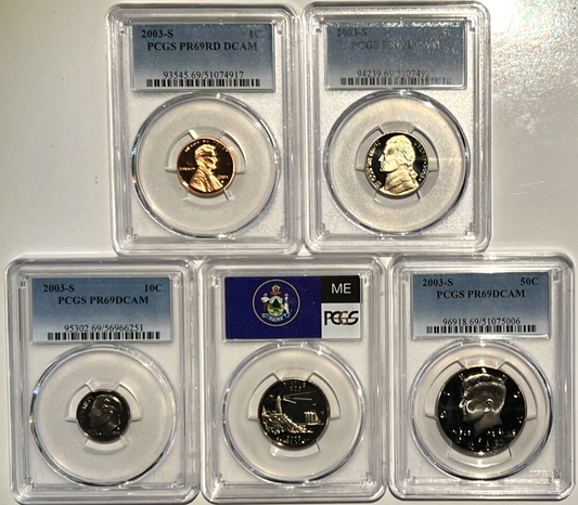 ⭒ 2003-S Proof Set Date 5 Coin Newly Graded PCGS PR69 DCAM Perfect Gift