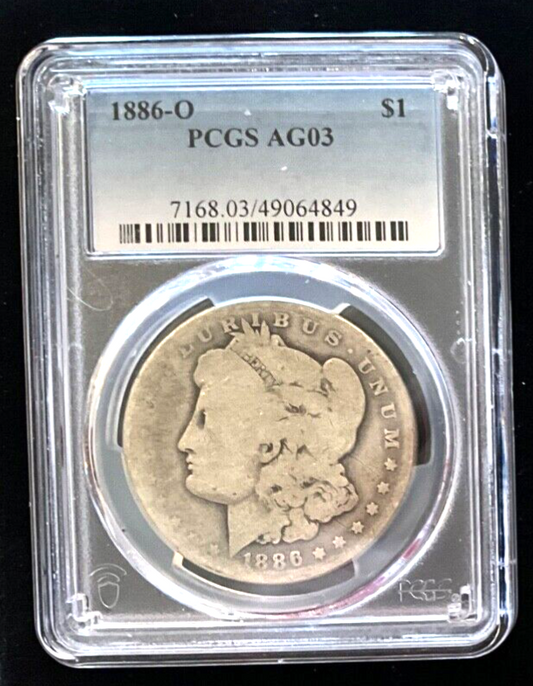 ✅ 1886-O Morgan Silver Dollar PCGS  AG03 Semi-Rare Grade and Coin 90% Silver