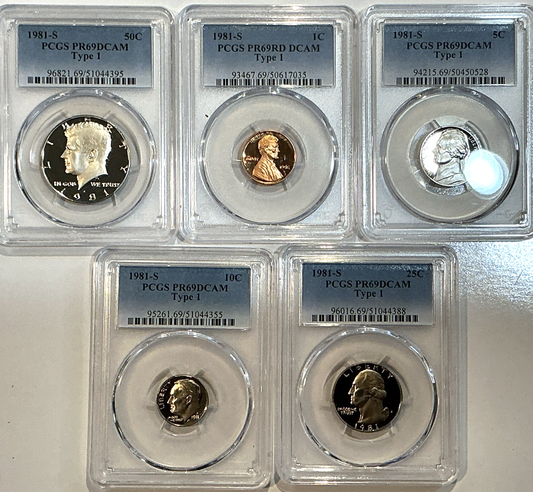 1981-S 5 Coin Proof Date Set PCGS PR69 DCAM "TYPE 1" Coins Newly Graded