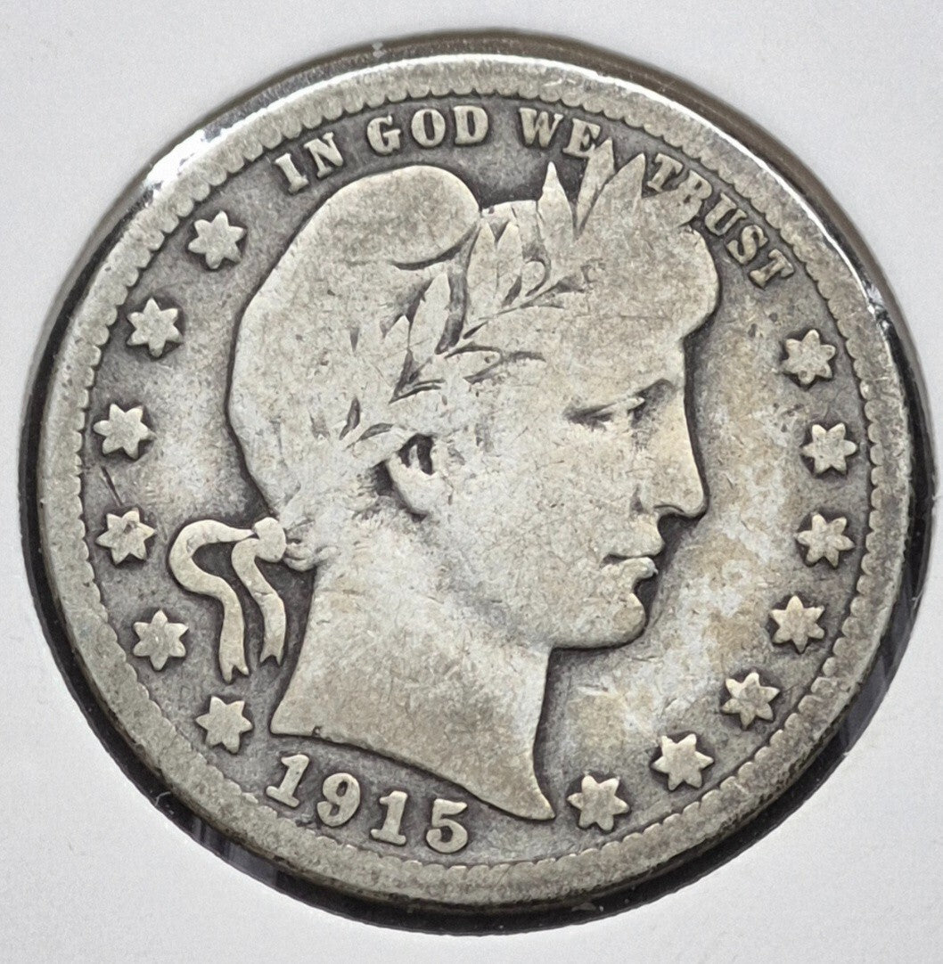 1915 D Barber Silver Quarter 90 % SILVER Vintage Coin Raw Circulated Condition
