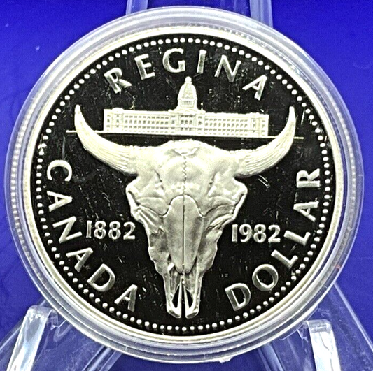 1982 Canada $1 Proof Silver Dollar Cow Skull Parliment w/ OGP & Capsule