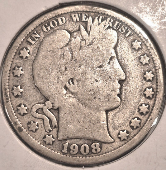 1908 D Barber Half Dollar 90% Silver 50C Circulated Condition