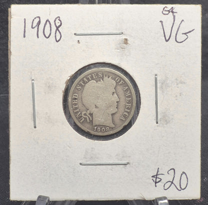 1908 Barber Dime 🥈90% Silver🥈 Very Good Detailed Circulated Condition