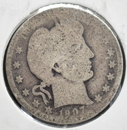 1907 Barber Silver Quarter 90% SILVER Coin Raw Circulated AG Condition or Less