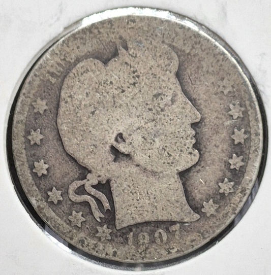 1907 Barber Silver Quarter 90% SILVER Coin Raw Circulated AG Condition or Less