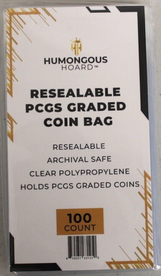 Humongous Hoard Resealable PCGS Graded Coin Bags - 100 Count Archival Safe Clear