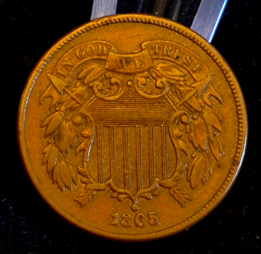 1865 2 Cent Piece Civil War Era Copper Type Coin Strong AU+ Details Barely Circ