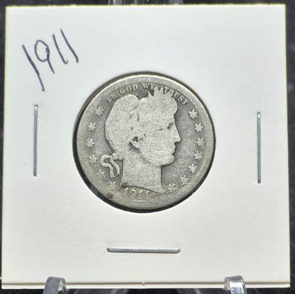 1911 Barber Silver Quarter 90% SILVER Coin Good Circulated Condition