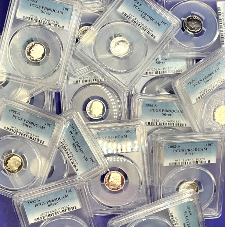 { 5 } 90% SILVER Dime Proof Coins PCGS ONLY PR69DCAM + PCGS Storage Box & BAGS