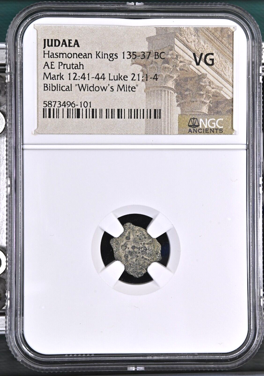 NGC JUDAEA HASMONEAN KINGS 135-37 BC AE Prutah Biblical Widow's Mite VG Coin