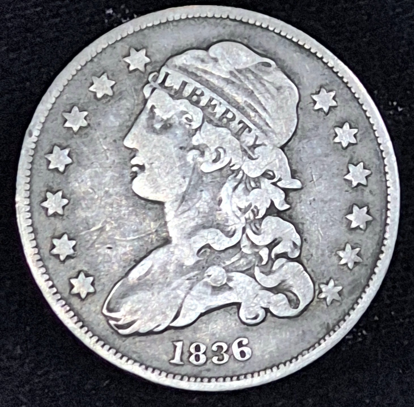 1836 Capped Bust Quarter 90% Silver Type Two Full Rims Very Fine Sharp Details